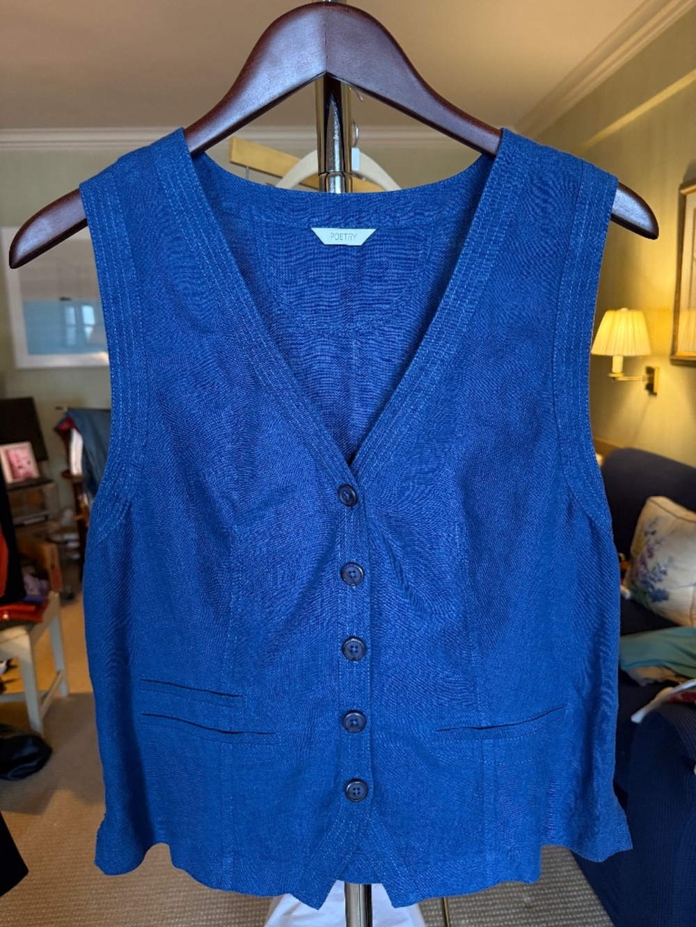 Vintage Poetry 100% linen button-front vest in a rich cobalt blue